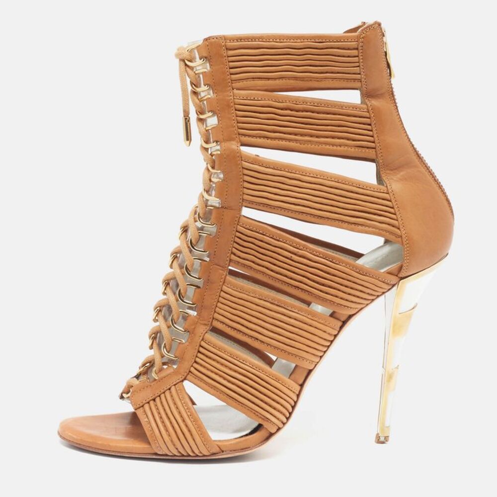 Balmain Size 40.5 Brown Leather Ankle Strap Sandals